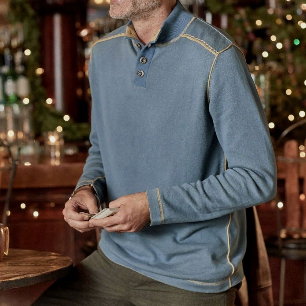 Sundance Henley Pullover Sweater Men's XL Blue Highland Stitch Career Academia